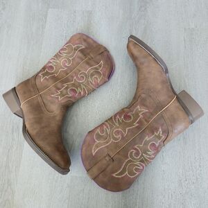 Shesoke Brown Western Squaretoe Cowboy Boots with Purple Embroidery